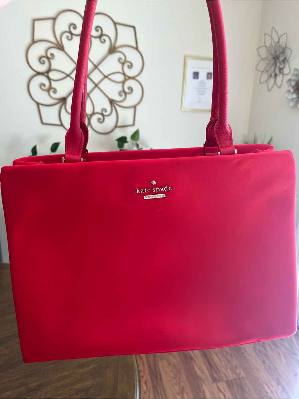 kate spade bright red tote with logo hardware
